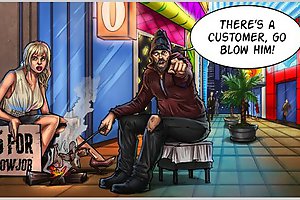 Very dirty comic porn game with poor street whore serving hobo cock