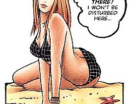 Young babysitter show her nice cartoon tits on a beach