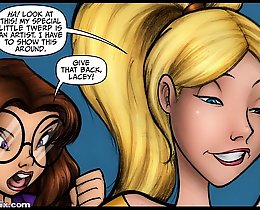 JKR comix. Cartoon girls discuss the superhero costume