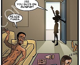 Horny bitch from John Persons sex comic cartoons wets her pussy whe sensing huge drunk cocks around